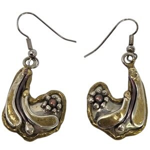 Artisan Sterling Silver & Brass Southwestern Style Dangle Earrings Mexico 2"